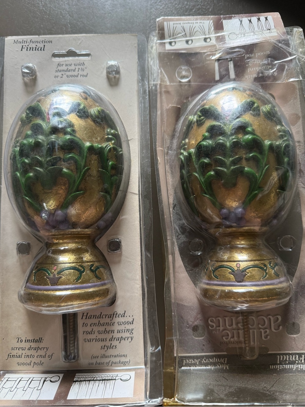 Decorative Gold Curtain Rod Finials with Green Vine Accents - Pair - Picture 6 of 8